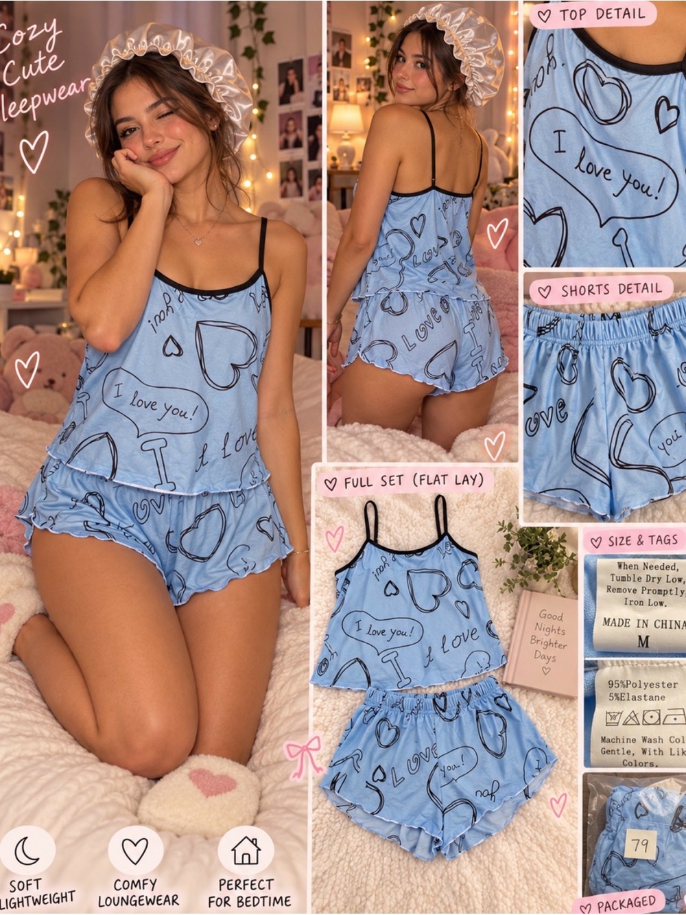 Cozy Blue 'I Love You' Print Cami & Shorts Sleep Set Sz M
